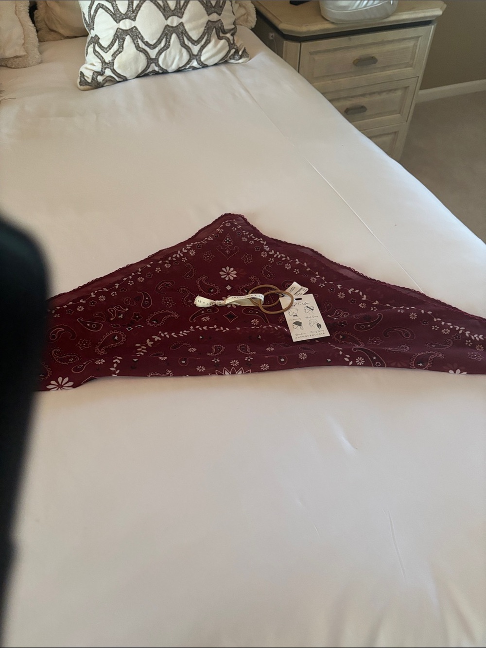 Anthropologie Burgundy Paisley Hair Scarf with Gold-Tone Ring